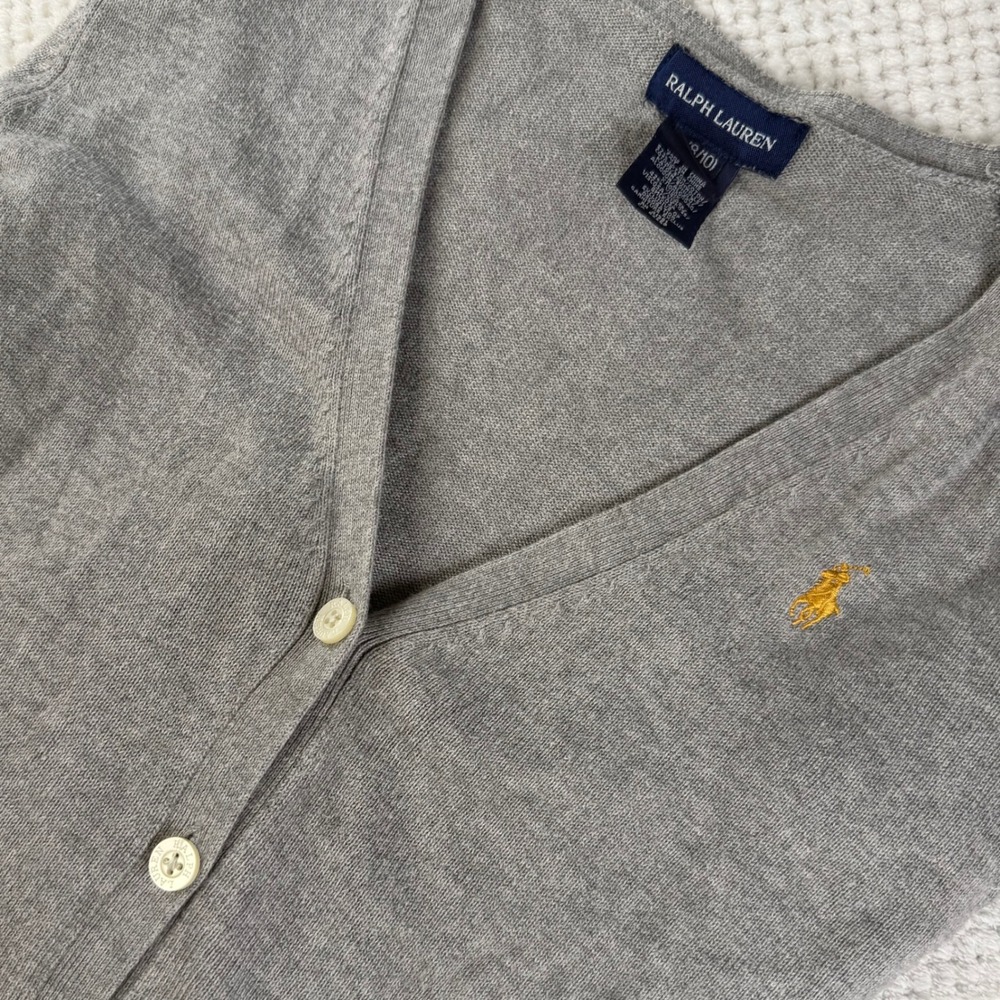 Ralph Lauren Gray V-Neck Cardigan Sweater Gold Pony Logo Size M 8/10
